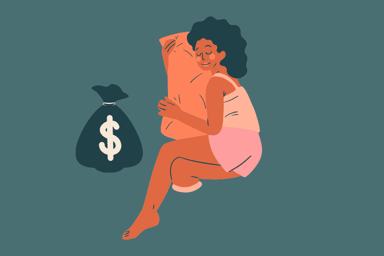 A girl sleeping on a pillow with a bag of money next to her representing passive income
