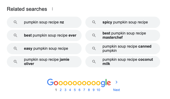Related search bubbles that are found at the bottom of Google search pages