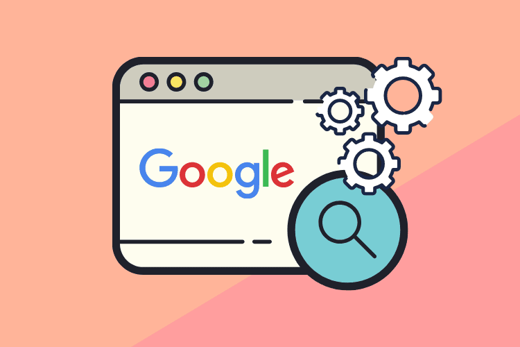 Webpage with Google logo, setting bolts and a search bar representing Google Search Console