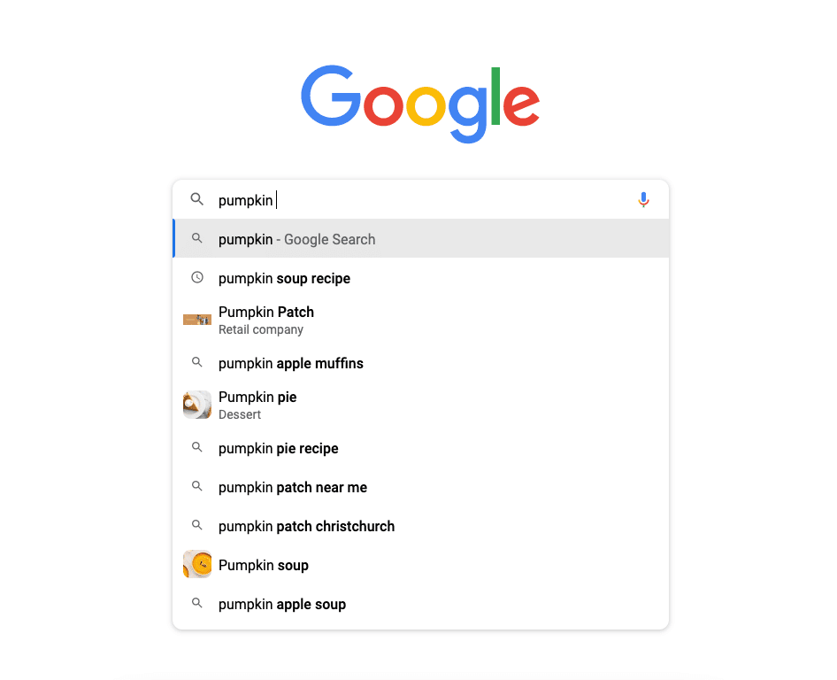 Typing keyword Pumpkin into Google Search bar to see suggested drop down menu