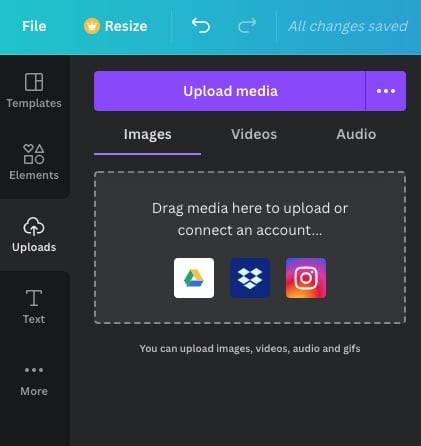 Upload images to Canva by clicking on the upload media button