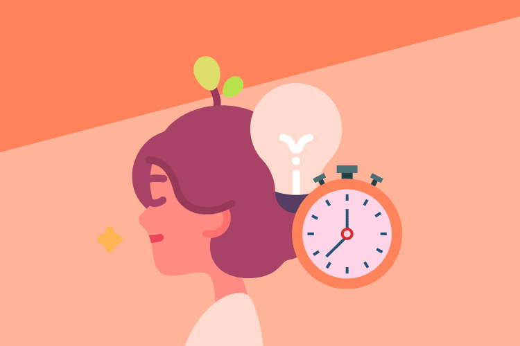 Woman with plant stemming from her head, clock and light bulb to symbolise growth and knowledge over time