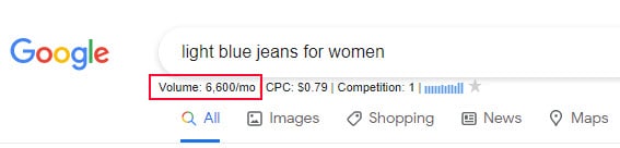 Search term light blue jeans for women in google search bar with search volume 6,600/mo