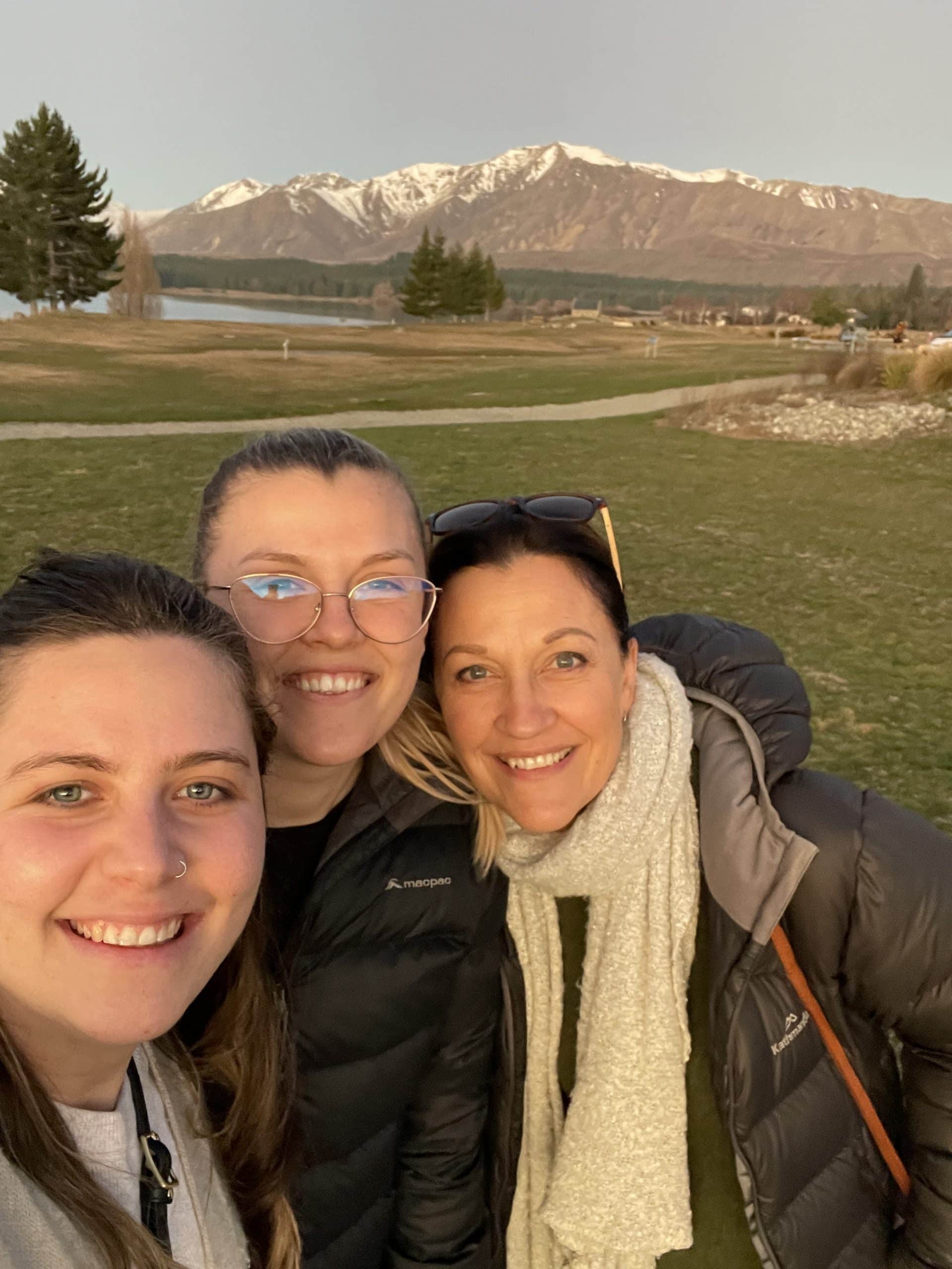 Makyla, Shania and Sharyn at Lake Tekapo taking time to plan and work away from home