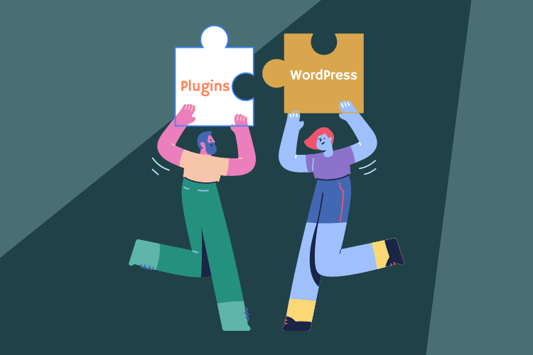 Two people holding puzzle pieces that connect together like plugins and wordpress