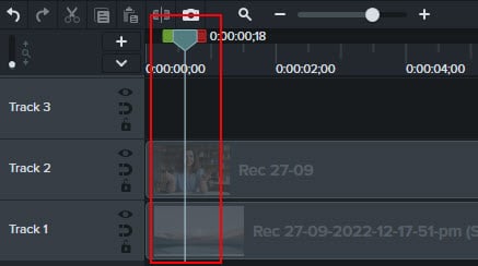Camtasia tracks with a red box around the playhead on the timeline