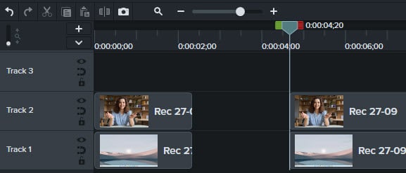 Camtasia timeline with a gap in the tracks