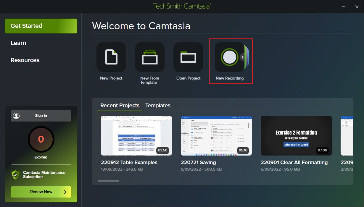 Welcome homepage of camtasia video editor with New Recording shown in a red box
