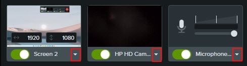 Camtasia recording options for screen, webcam and mircophone with red boxes around the drop down arrows