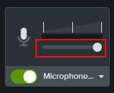 Microphone option with toggle turned on and a red box around the volume button