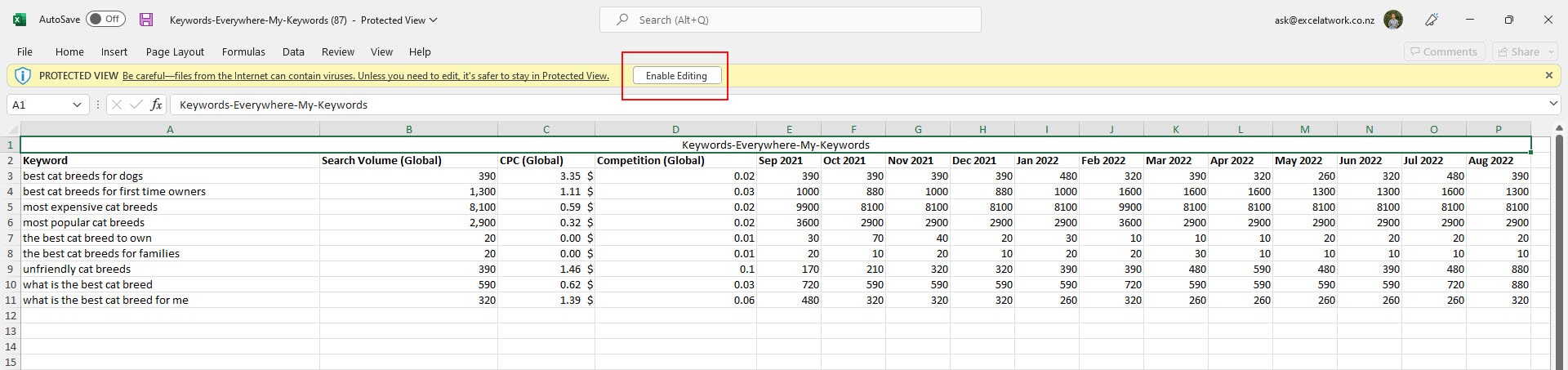 Showing where the enable editing button in Excel after opening exported Keywords Everywhere data
