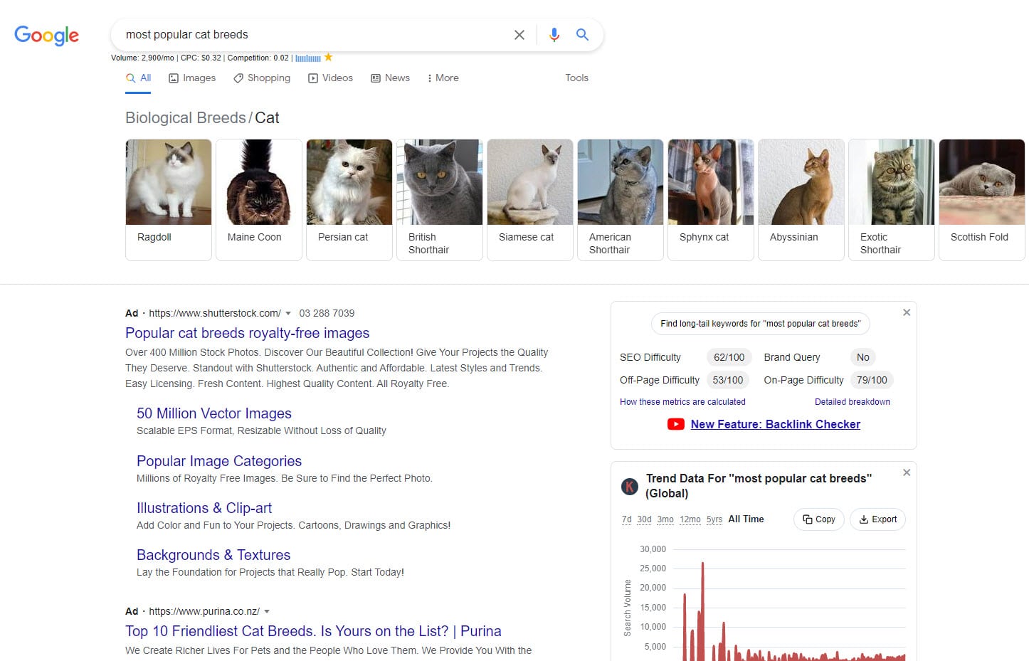 Searching "most popular cat breeds" on Google