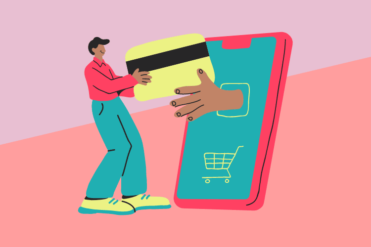 Man holding his credit card and a hand grabbing it through a cellphone to pay online