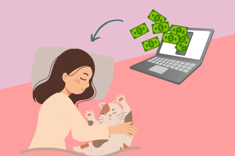 Woman asleep with her cat next to her laptop that is showing money coming out of the screen as passive income