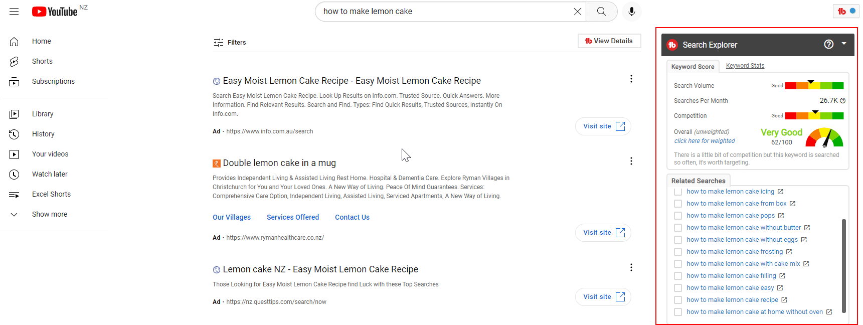 Searching keywords in the YouTube search bar with TubeBuddy results on the righthand side