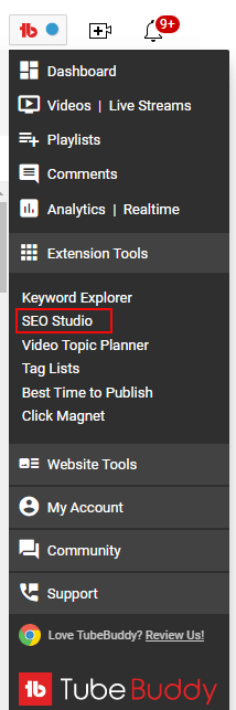 Where to find the SEO Studio in TubeBuddy